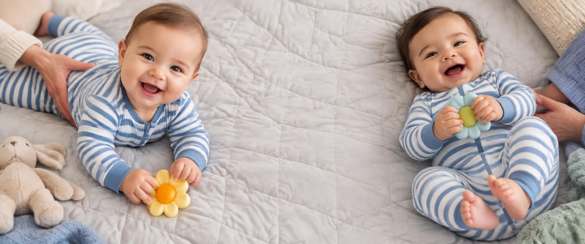 Dois bebês brincando com pijamas listrados